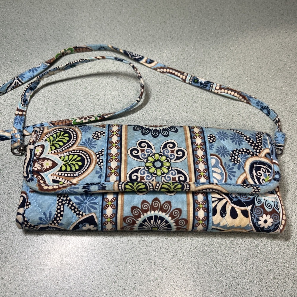 Vera Bradley Sleek Blue Crossbody Purse Organizer Handbag Retired Wallet Cotton